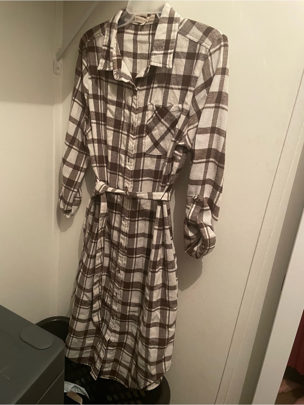Plaid Shirt Midi Dress with Belt - Brown & Cream